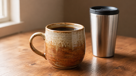 A ceramic coffee mug and a stainless steel tumbler side by  side on a wooden desk