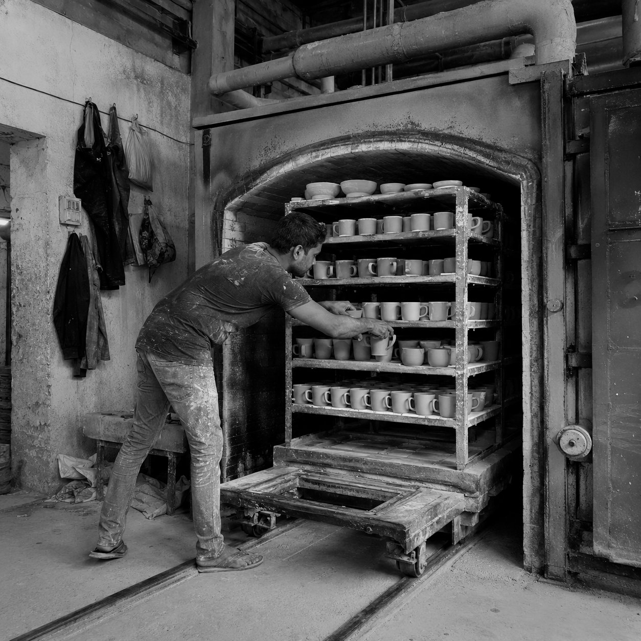 Person loading ceramic mugs into a kiln