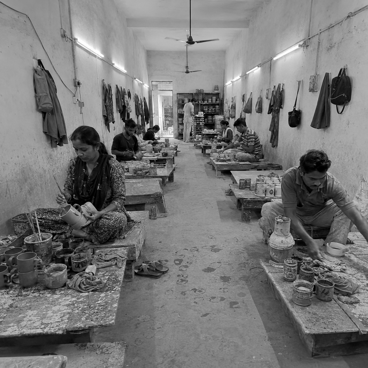 Photograph of a pottery workshop with women and men working on ceramic items.