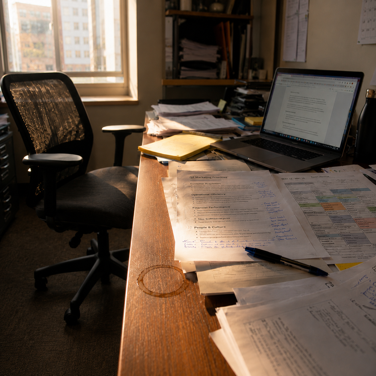 Workstation with coffee mug ring, laptop, papers, and a chair in a dimly lit room. 