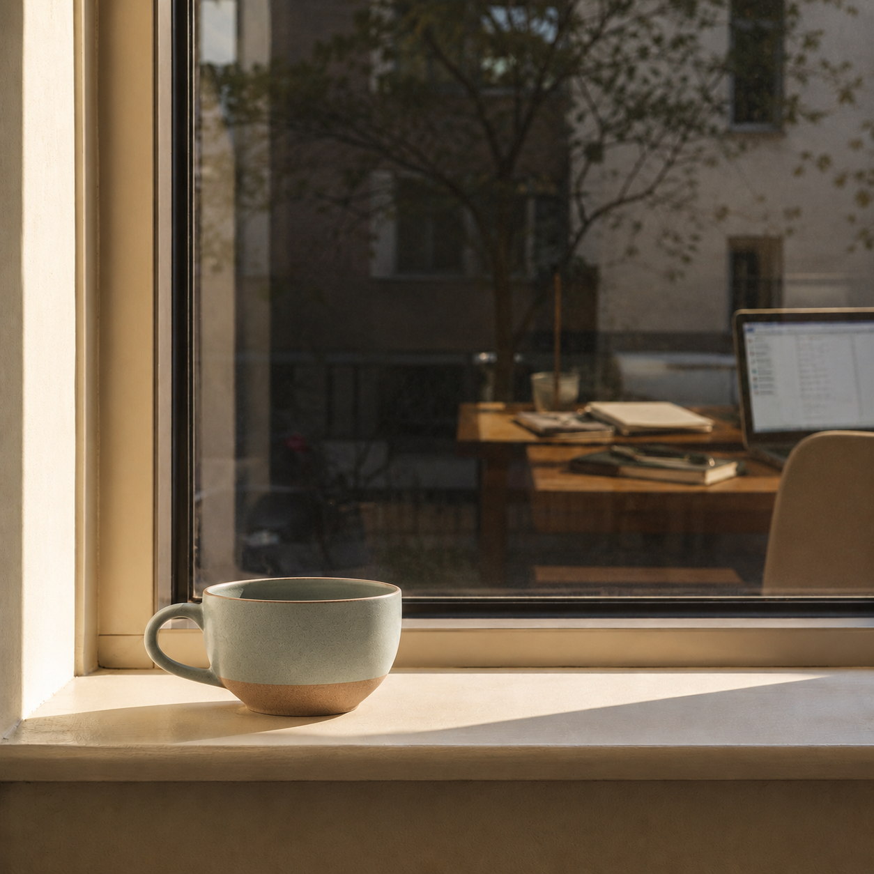 Ceramic mug on a windowsill with a view of a desk and laptop through the window.